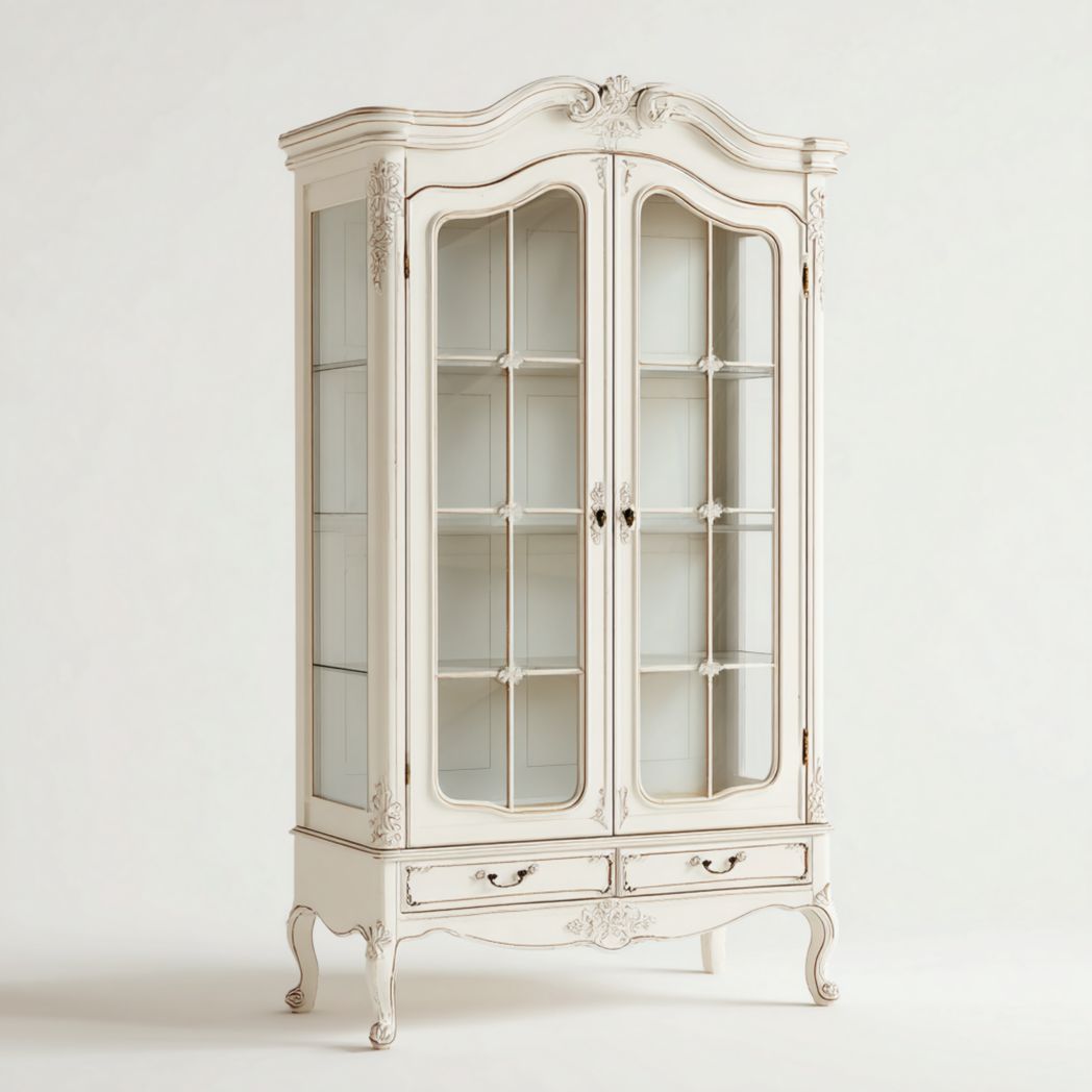 Vitrine en bois blanc avec deux portes vitrées, décor sculpté et deux tiroirs en dessous