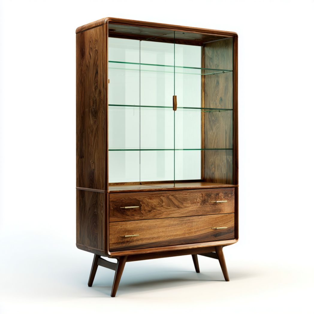 Vitrine en bois marron avec deux portes vitrées, étagères en verre et deux tiroirs en dessous