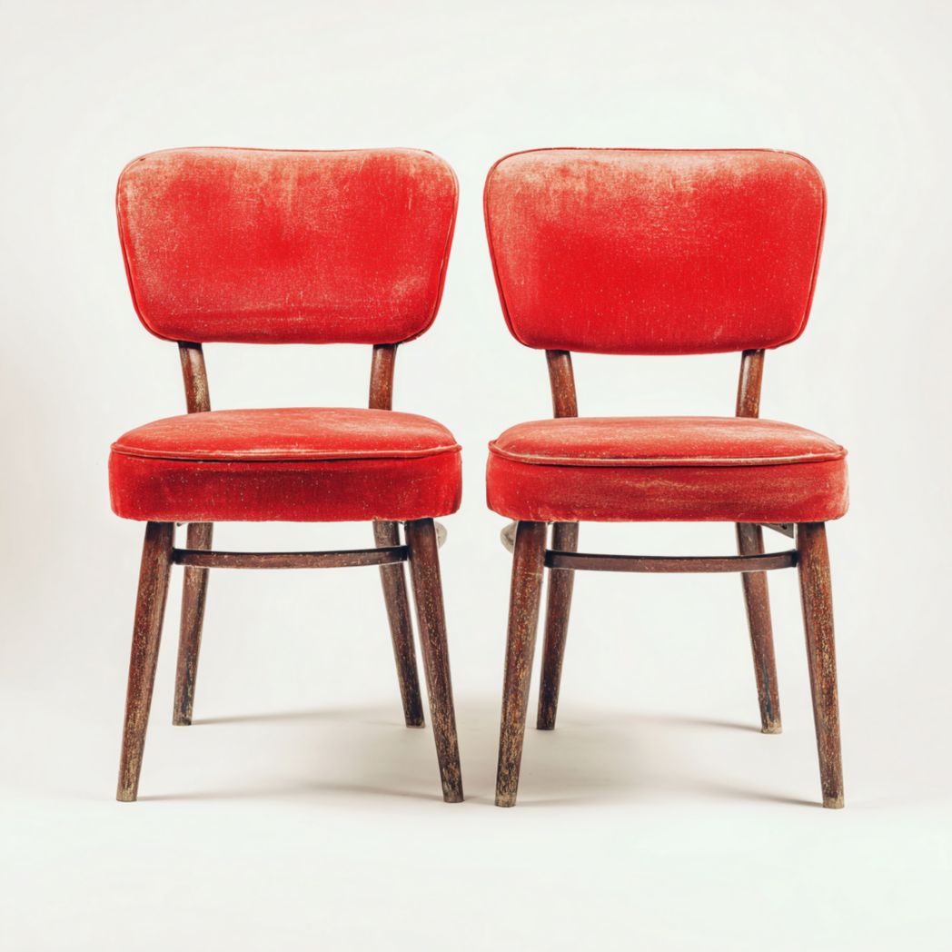 Deux chaises en bois avec des cadres marron et un revêtement rouge