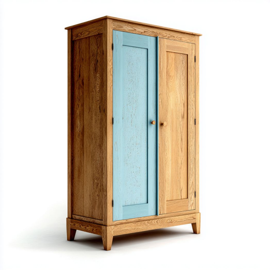 Armoire en bois à deux portes dans une combinaison de couleurs naturelle et bleue