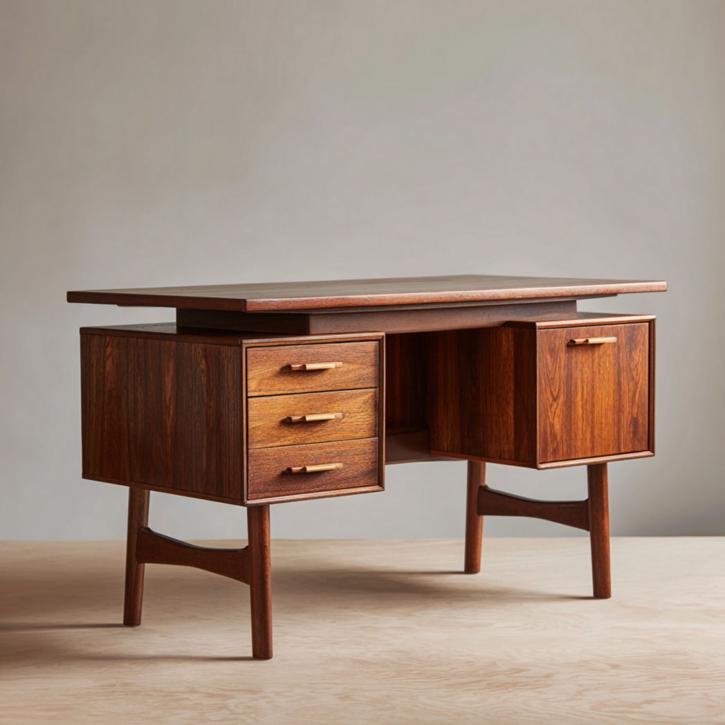 Bureau en bois foncé avec trois tiroirs et un compartiment à porte, structure rectangulaire