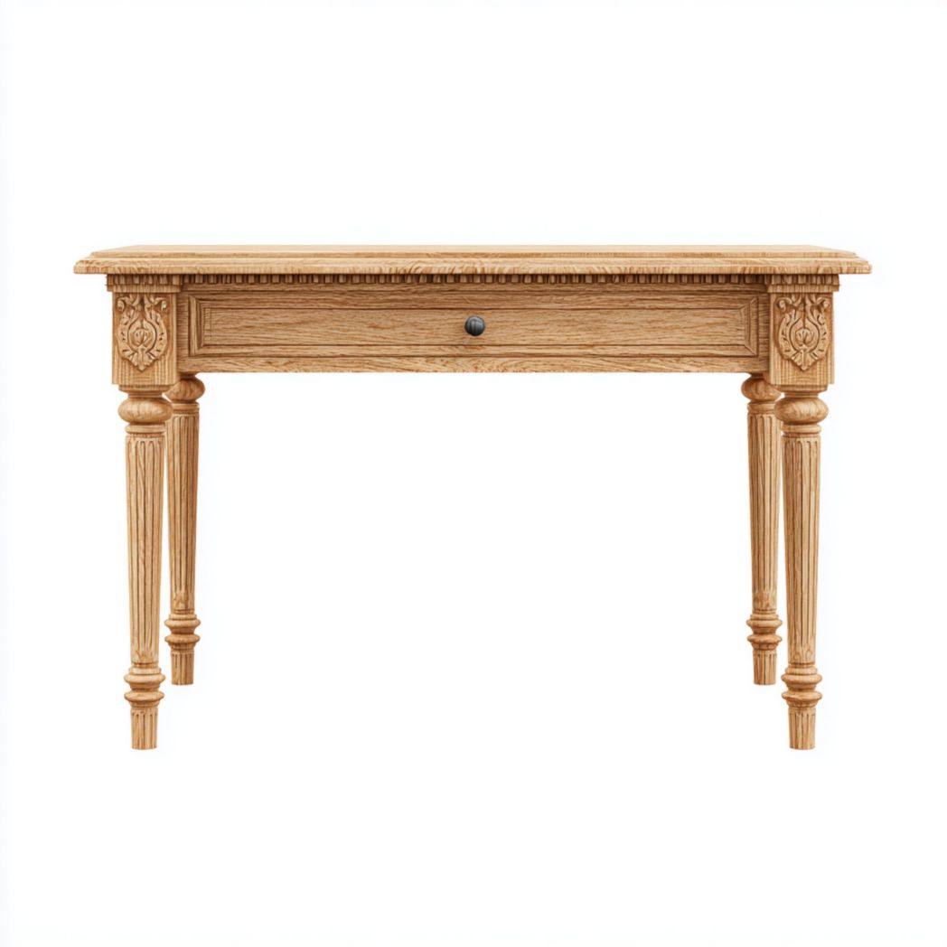Bureau en bois clair avec un tiroir, pieds sculptés et détails décoratifs