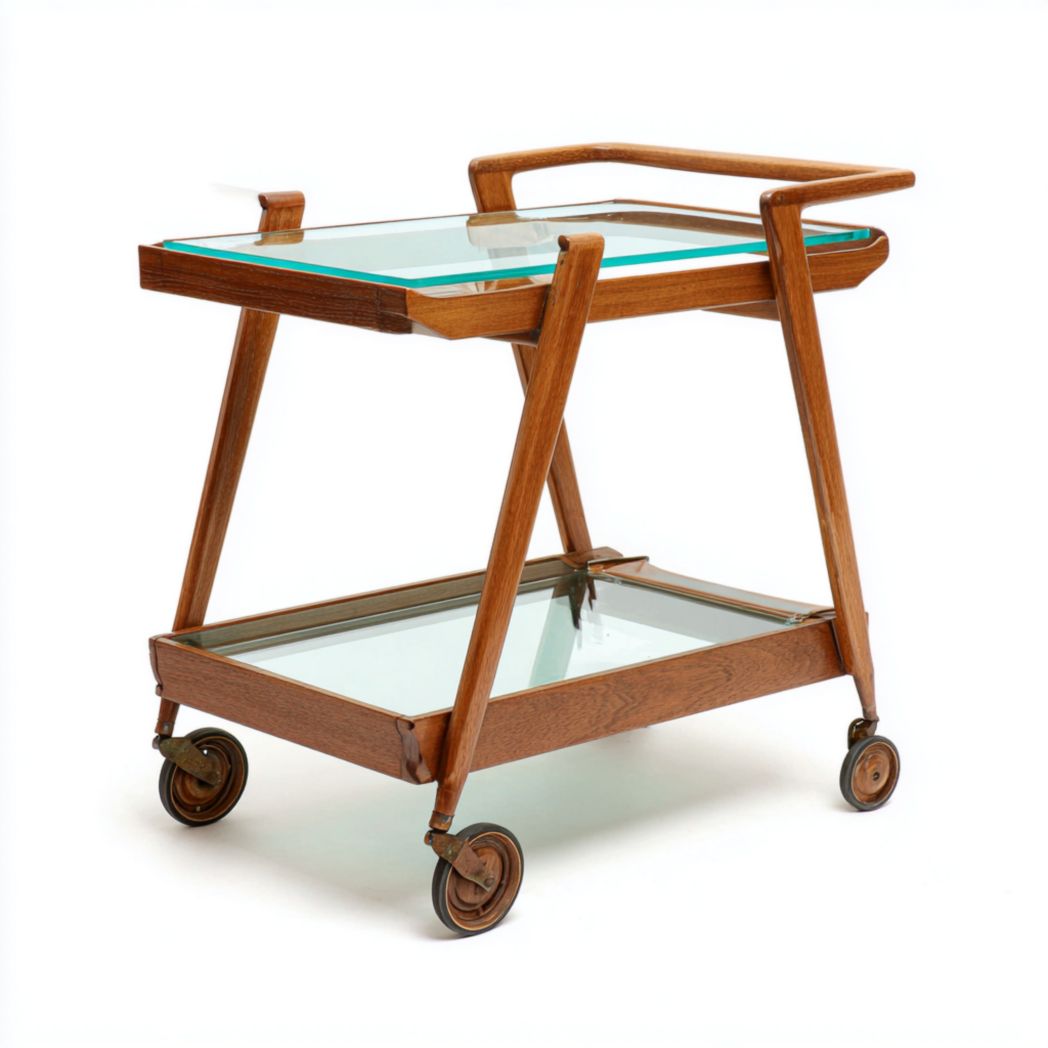 Chariot de service en bois avec deux étagères en verre, poignées et roulettes