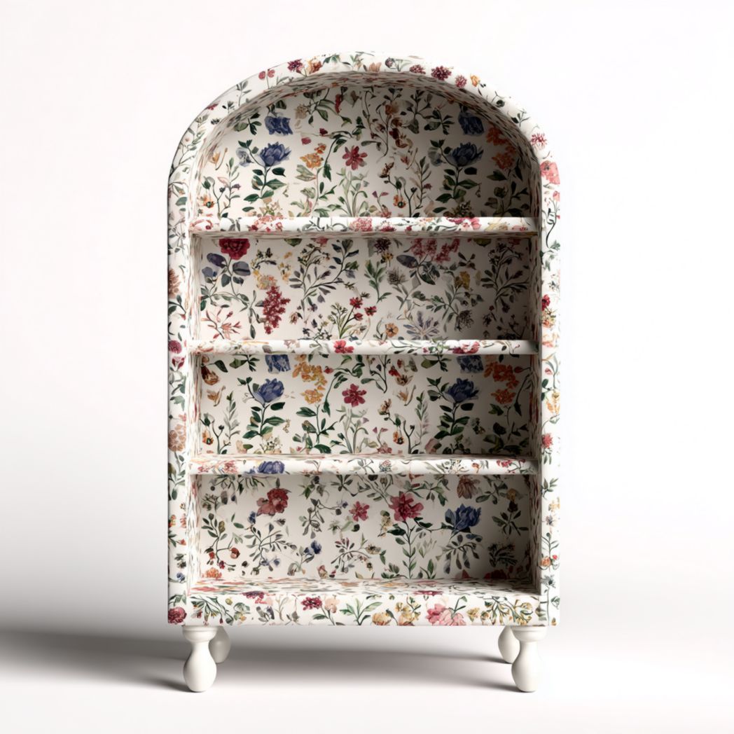 Bibliothèque en bois à quatre étagères et motif floral, plateau incurvé et pieds arrondis
