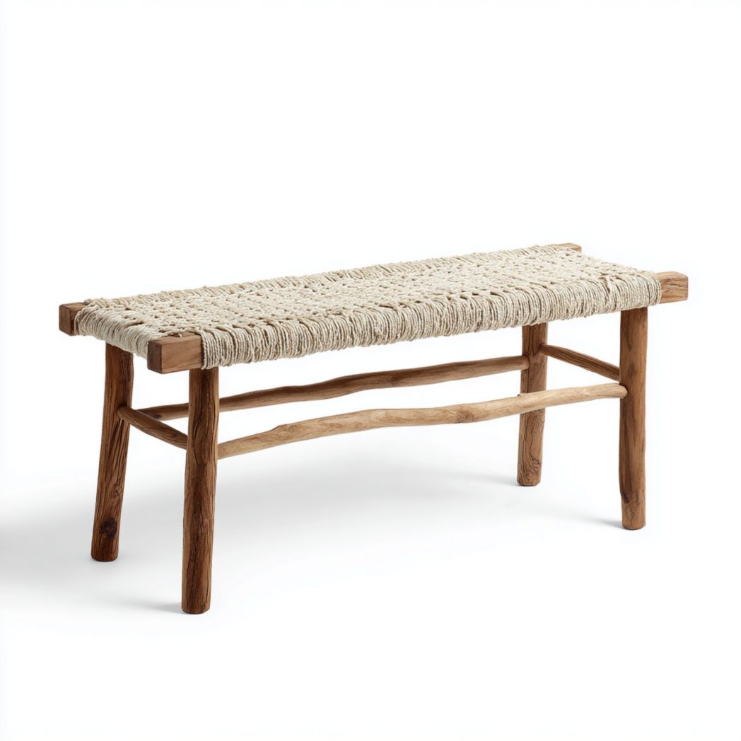 Banc en bois avec assise en fibre tressée marron et beige
