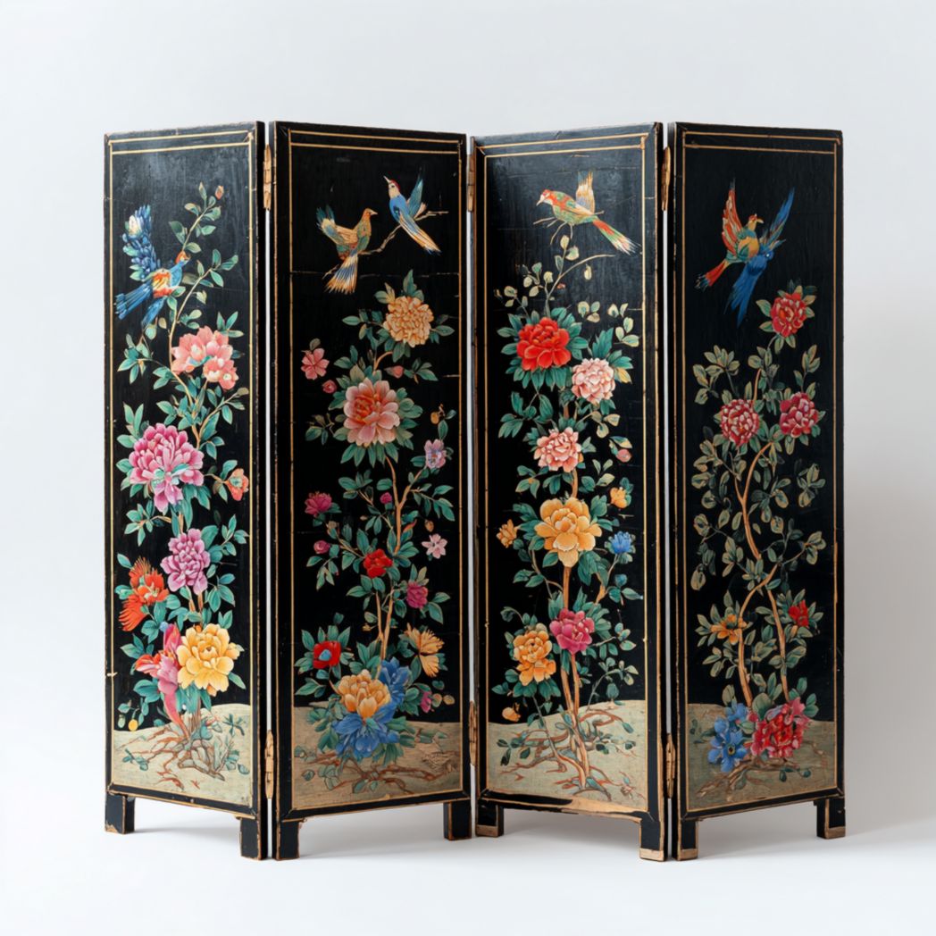 Paravent en quatre parties en bois noir avec motifs floraux et d'oiseaux peints à la main