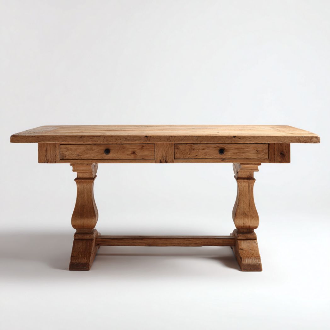 Bureau en bois naturel avec deux tiroirs et piètement sculpté