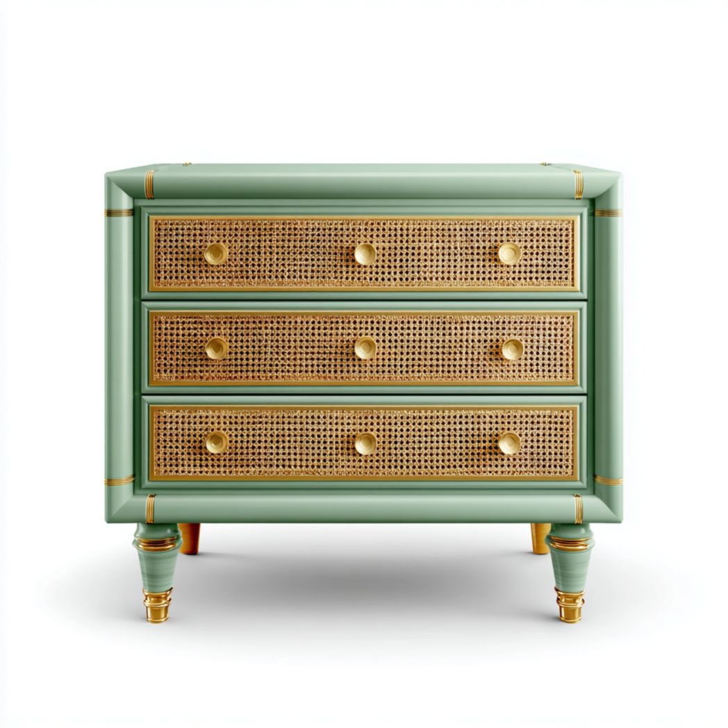 Commode en bois vert avec trois tiroirs, façades en osier et poignées en métal
