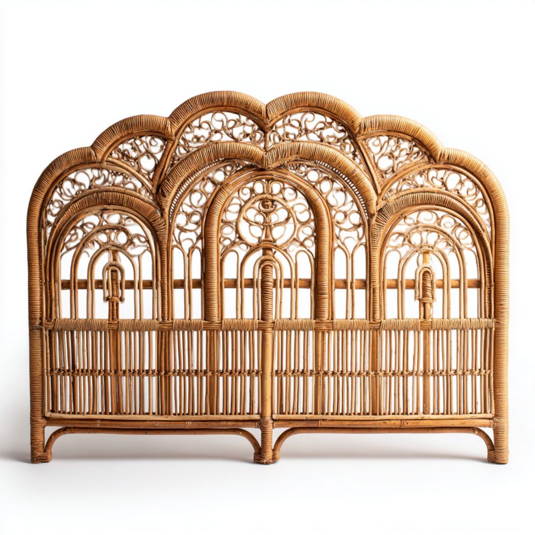 Tête de lit en rotin couleur naturelle forme arquée avec motif ajouré