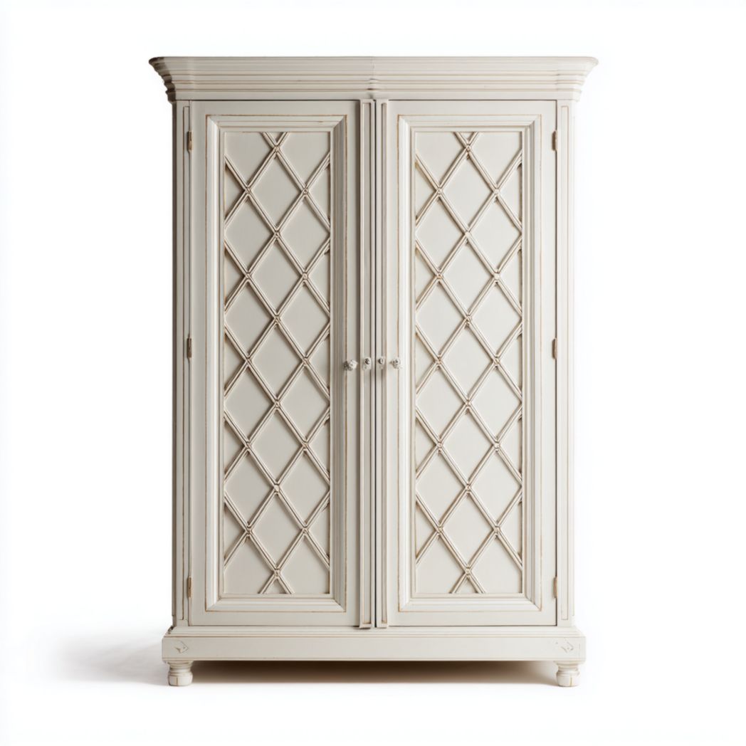 Armoire ivoire avec cadre en bois et porte en forme de losange