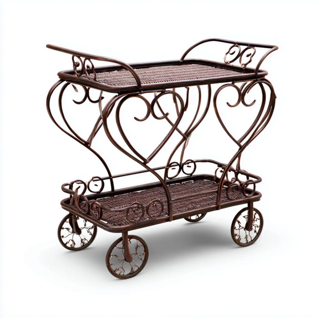 Chariot de service avec deux étagères en rotin et structure en métal en forme de cœur en brun-cuivre