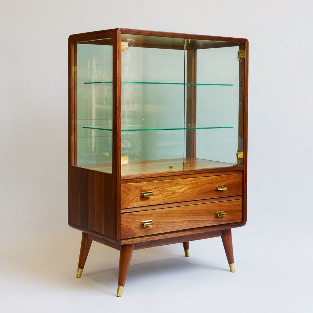 Vitrine en noyer avec deux portes vitrées, tiroirs et poignées en métal