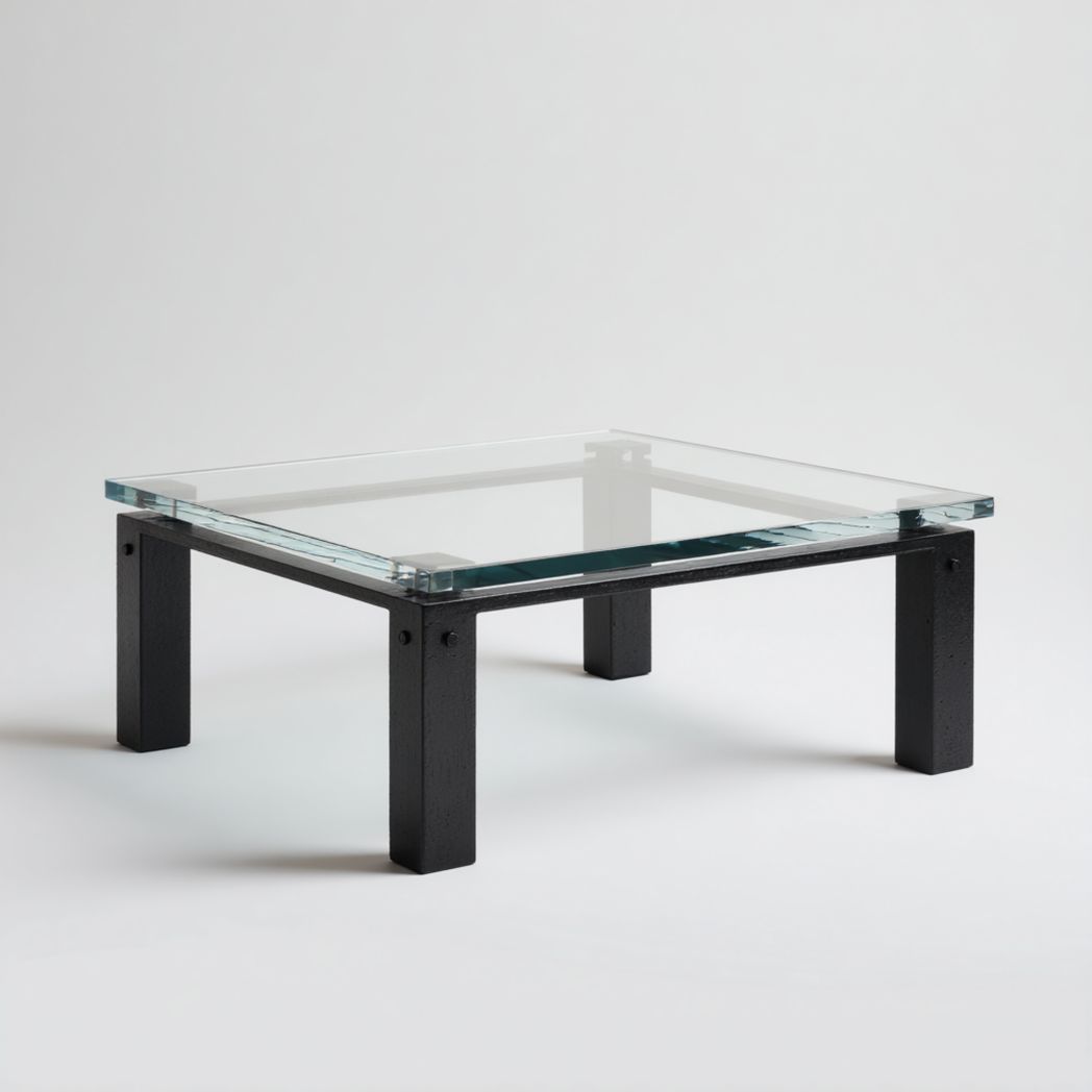 Table basse carrée avec plateau en verre et cadre en bois noir