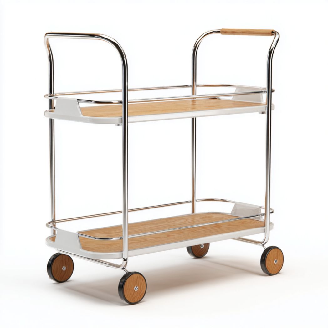 Chariot de service avec étagères en bois et structure en métal argenté, à deux niveaux