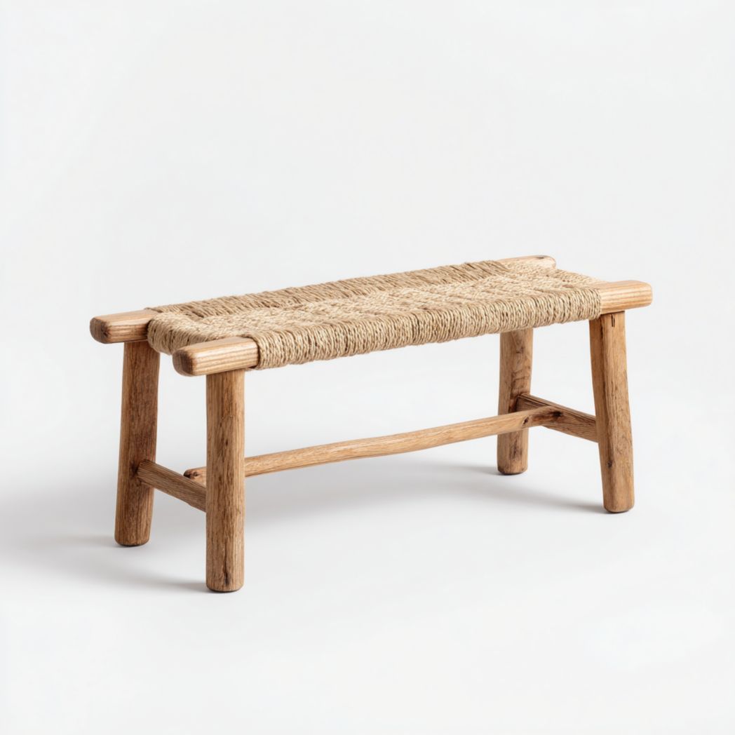 Banc en bois avec assise tressée en fibre naturelle marron et beige