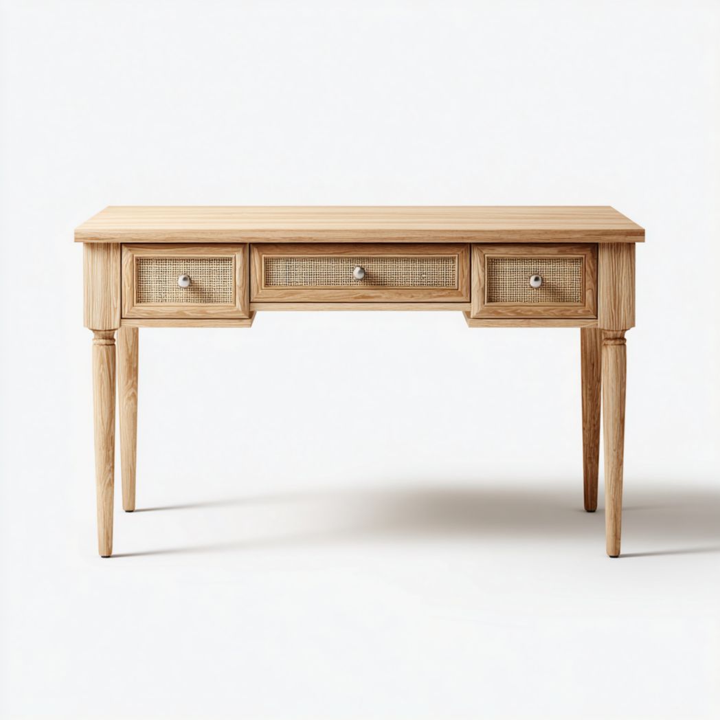 Bureau en bois clair avec trois tiroirs et quatre pieds droits