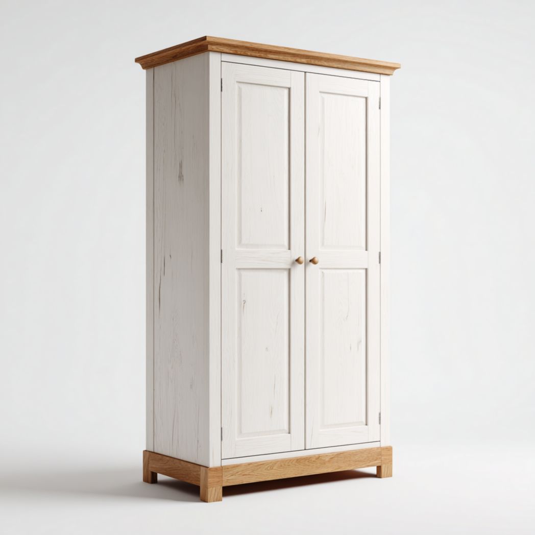 Armoire en bois blanc avec deux portes et dessus et dessous de couleur naturelle