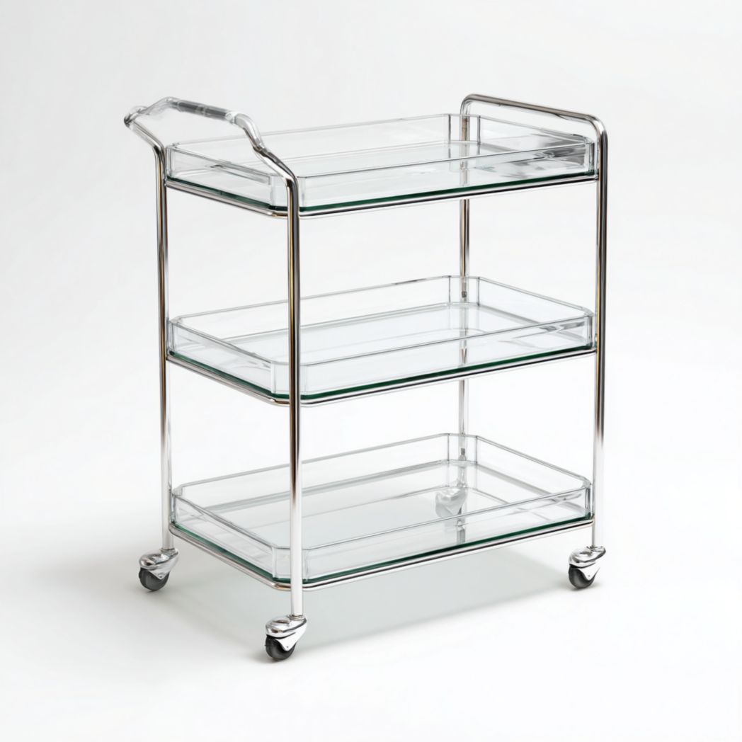 Chariot de service rectangulaire en verre à trois niveaux avec structure en métal et roulettes