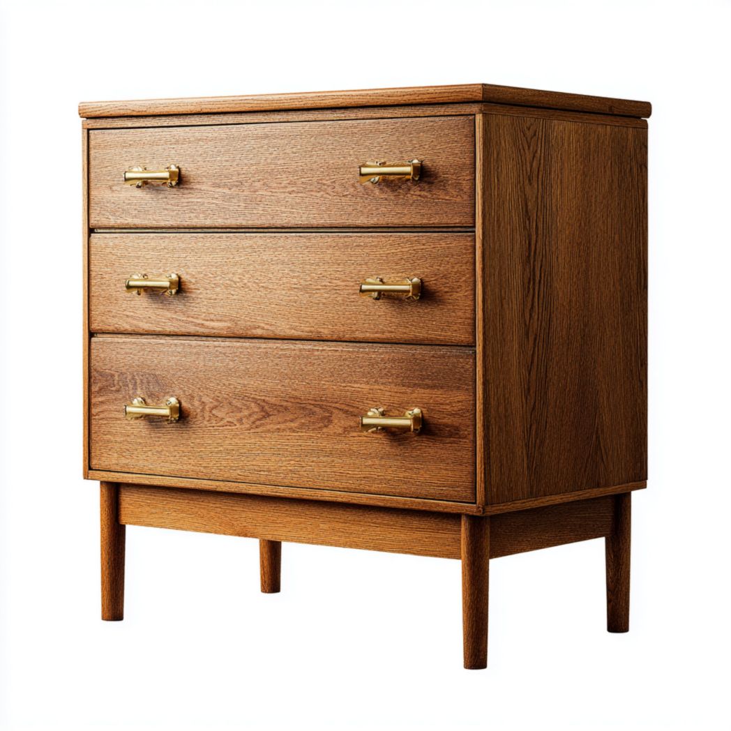 Commode en bois massif avec trois tiroirs et poignées en métal
