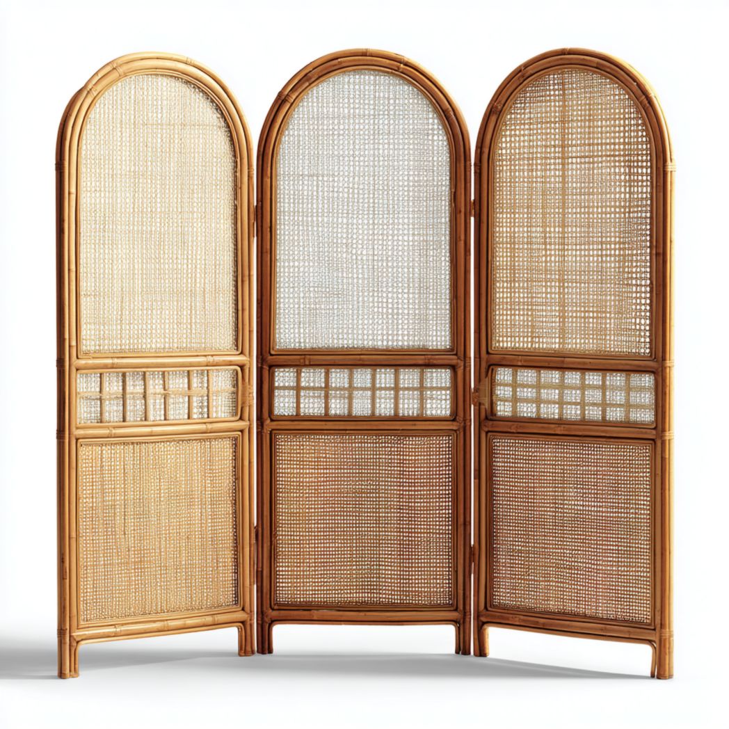 Paravent pliant en trois parties en bambou avec cadre incurvé et inserts en grille