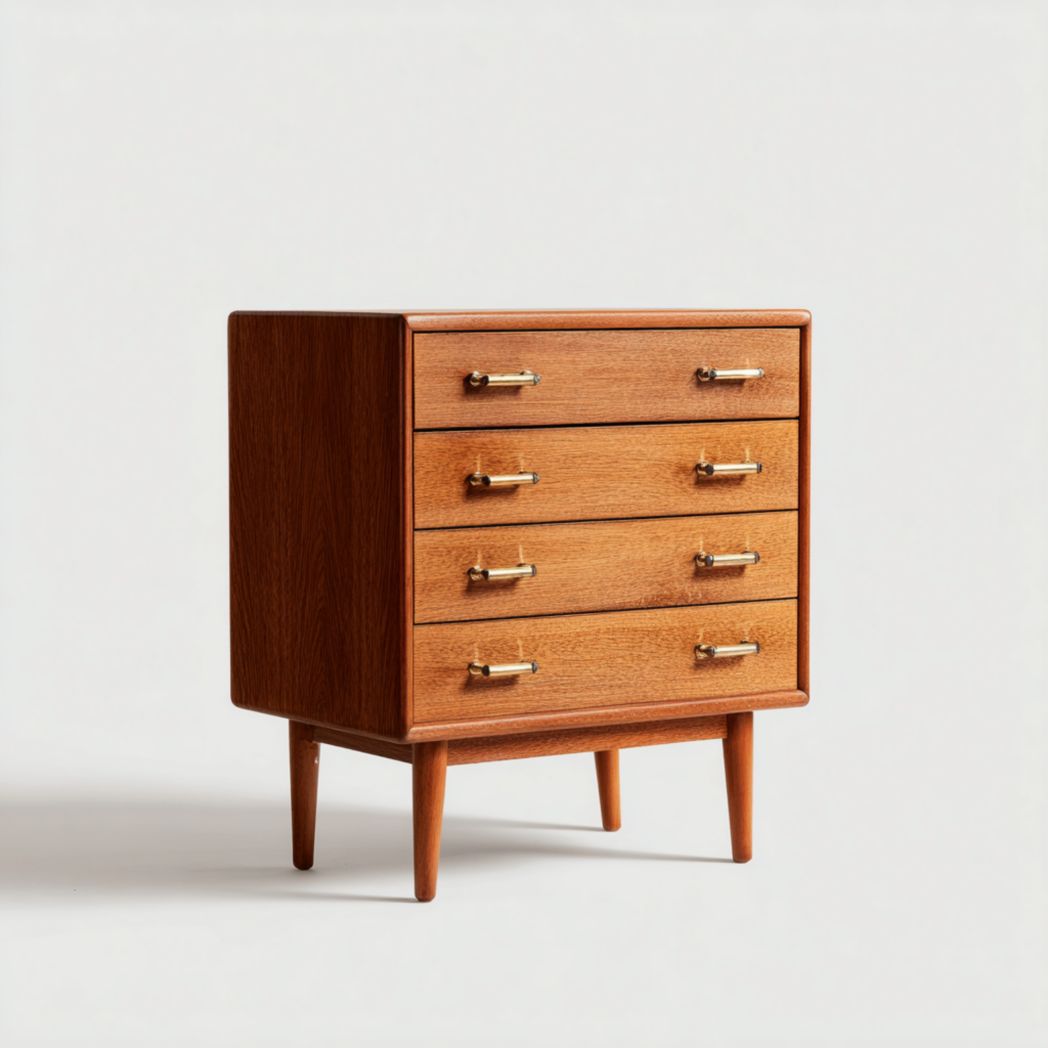 Commode en bois marron avec quatre tiroirs, poignées en métal et pieds fuselés