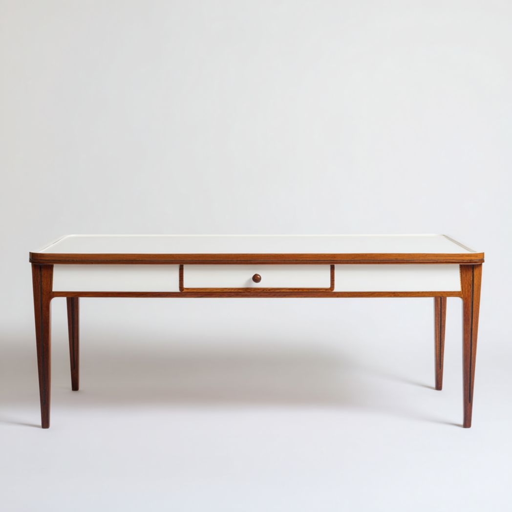 Table basse rectangulaire avec cadre en bois, plateau blanc et tiroir