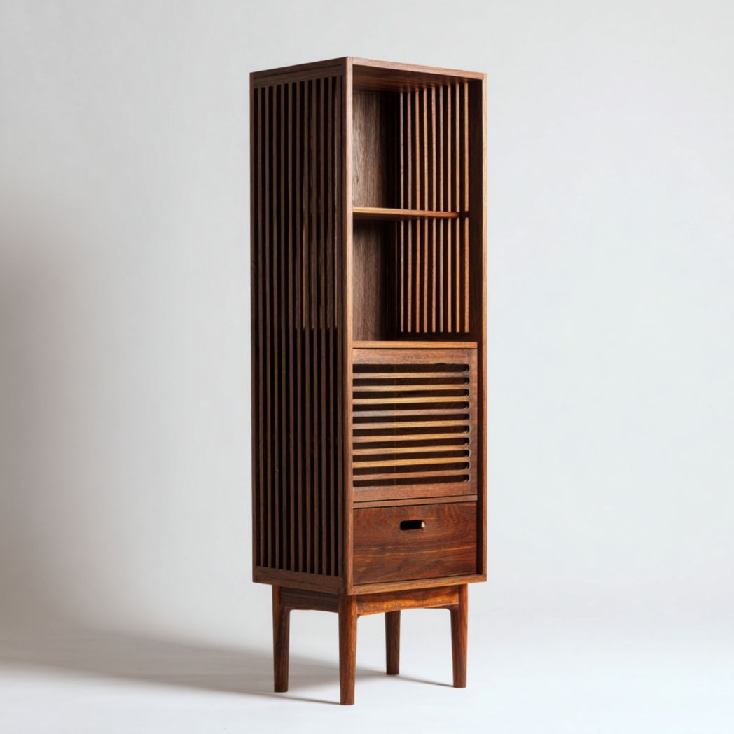 Classeur en bois marron foncé avec un cadre haut, un tiroir, une porte et deux compartiments ouverts