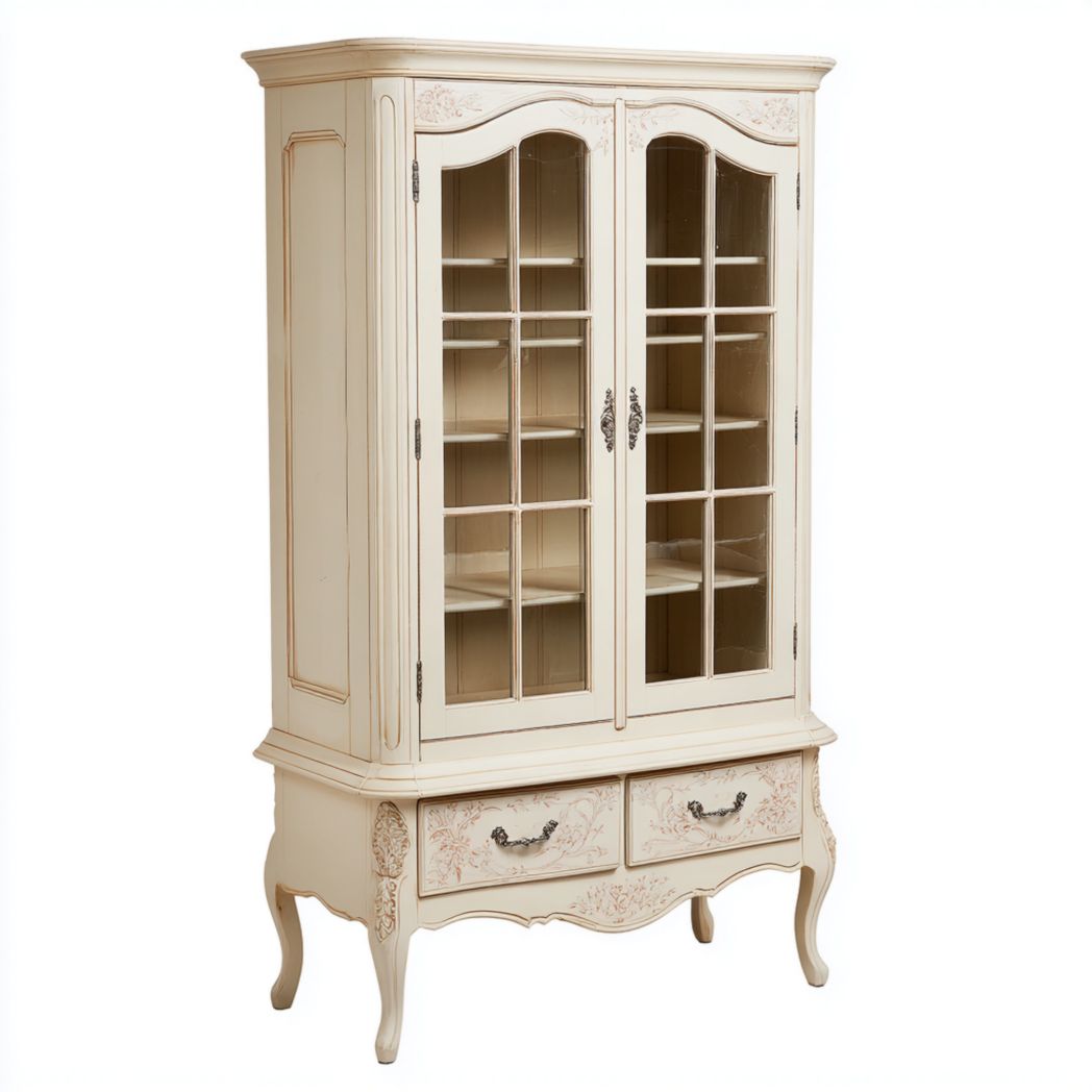 Vitrine en bois ivoire avec portes vitrées, deux tiroirs et détails sculptés
