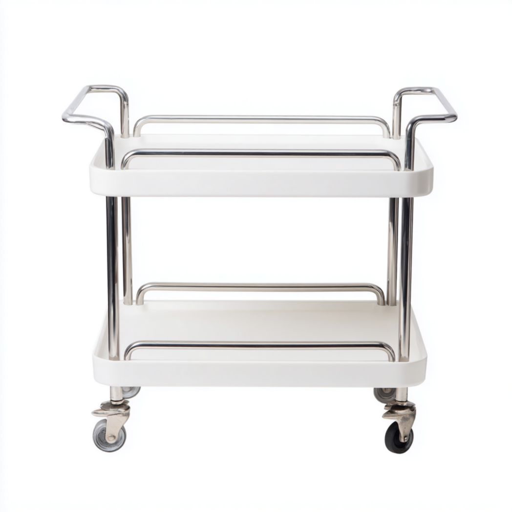 Chariot de service avec étagères blanches et structure en métal chromé, à deux niveaux