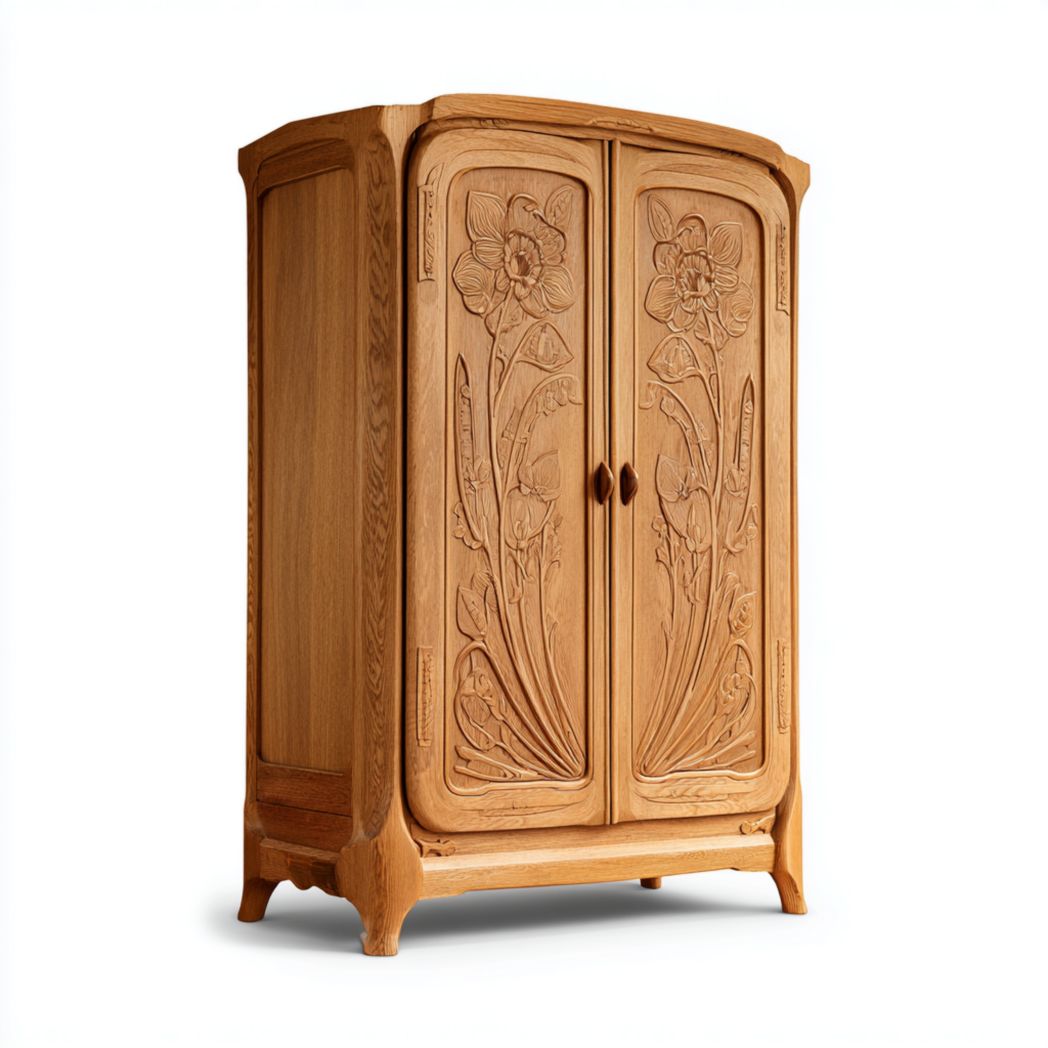 Armoire en bois marron clair avec portes doubles et reliefs floraux