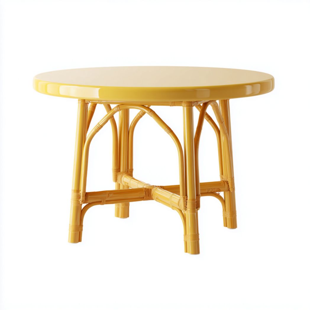 Table à manger ronde avec plateau jaune et cadre en osier