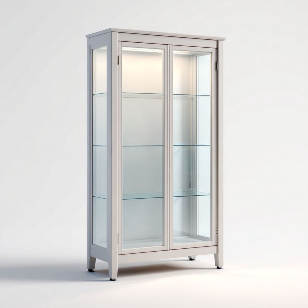 Vitrine en bois blanc avec deux portes vitrées et plusieurs étagères en verre