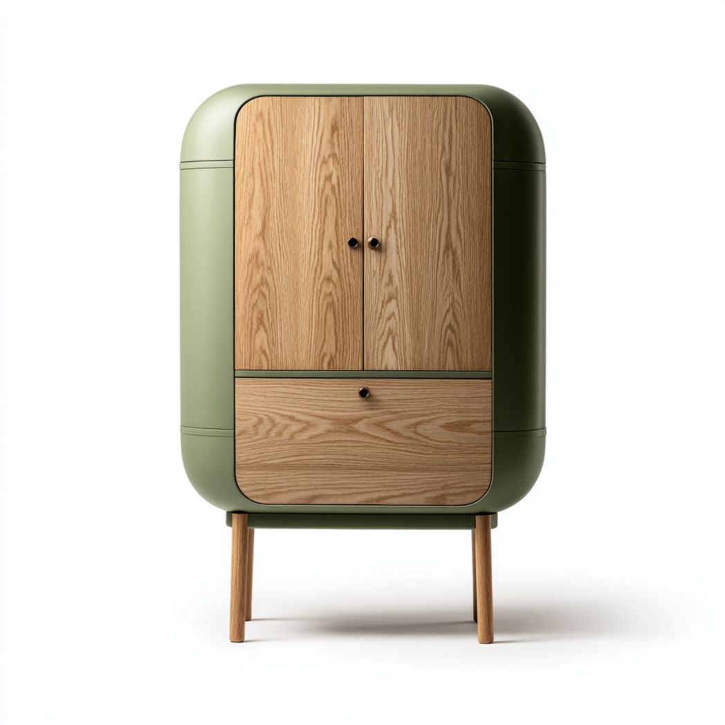 Classeur combiné vert et bois avec portes doubles et un tiroir