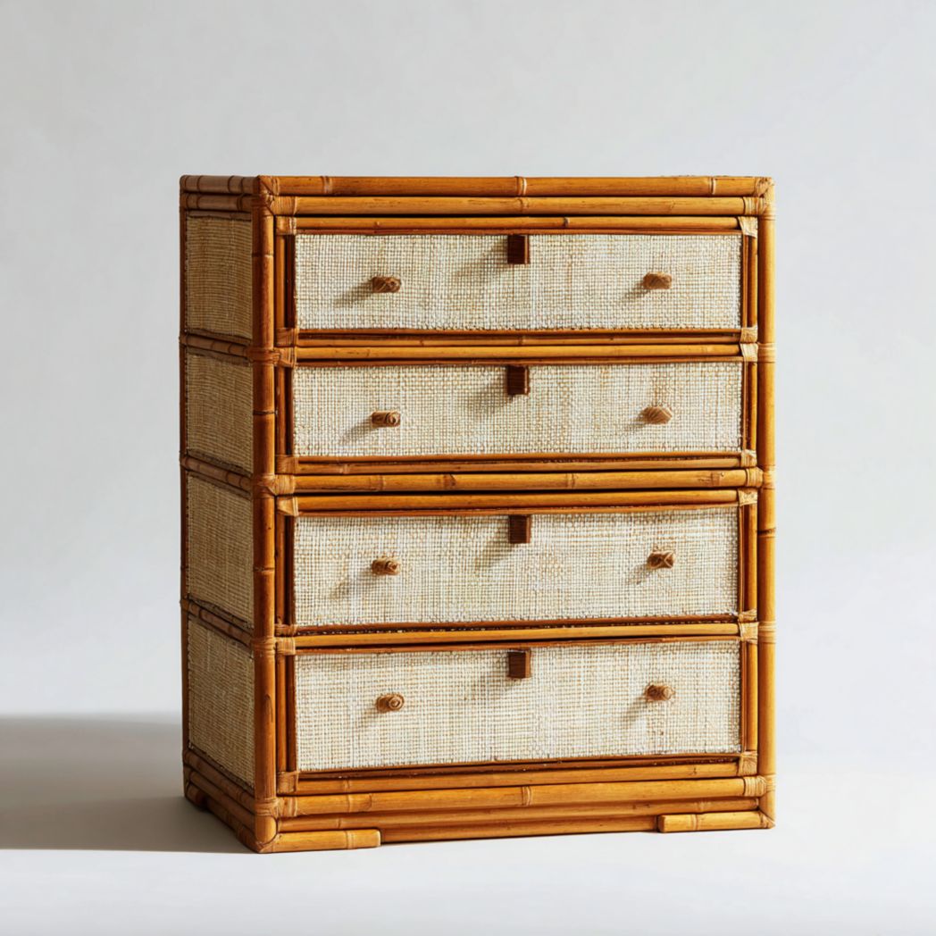 Commode en bambou à quatre tiroirs et façades tressées