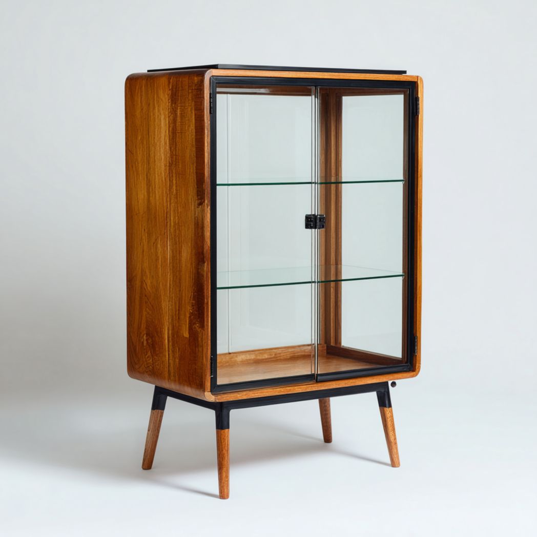 Vitrine en bois avec cadre noir, deux portes vitrées et étagères en verre