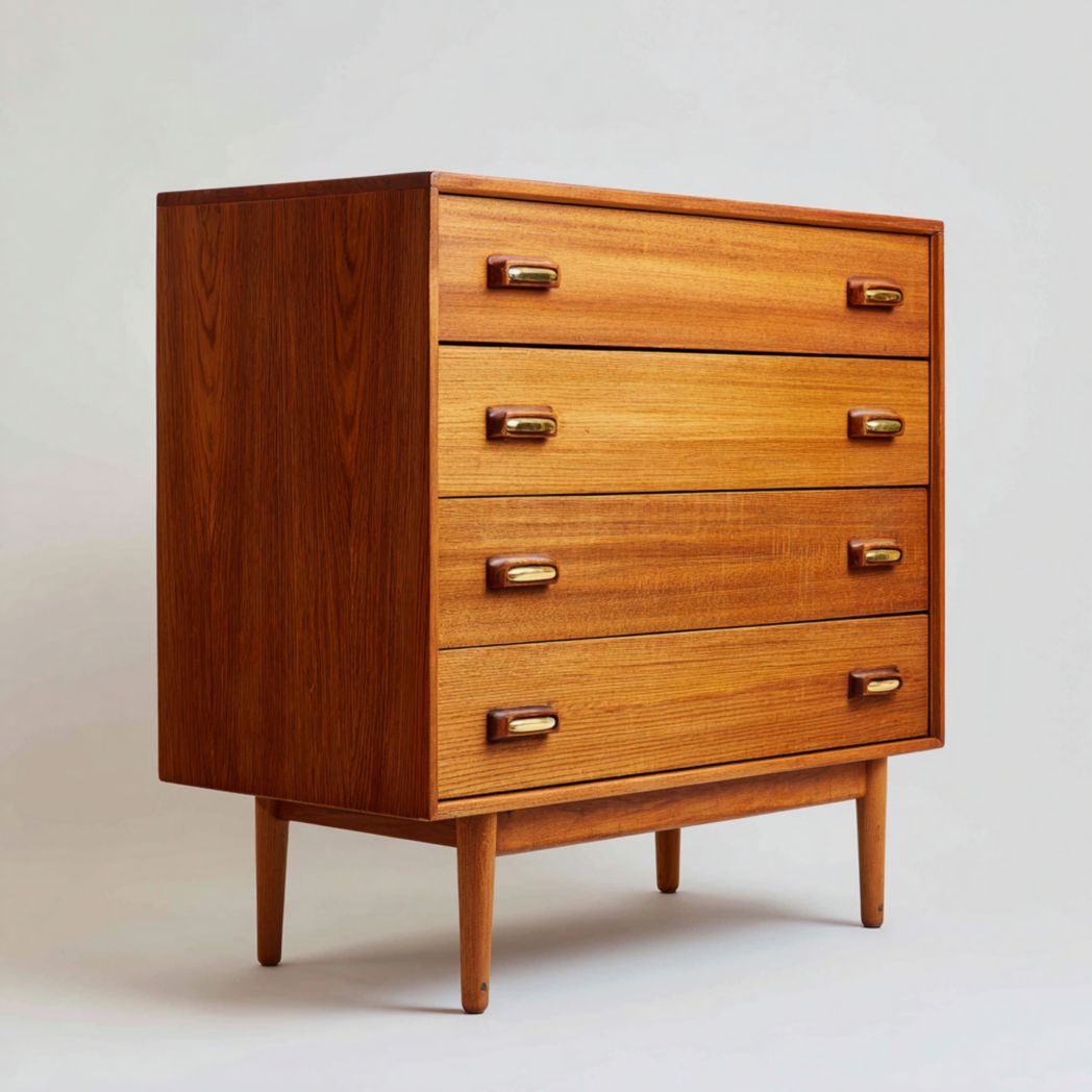 Commode en bois massif avec quatre tiroirs et poignées en métal