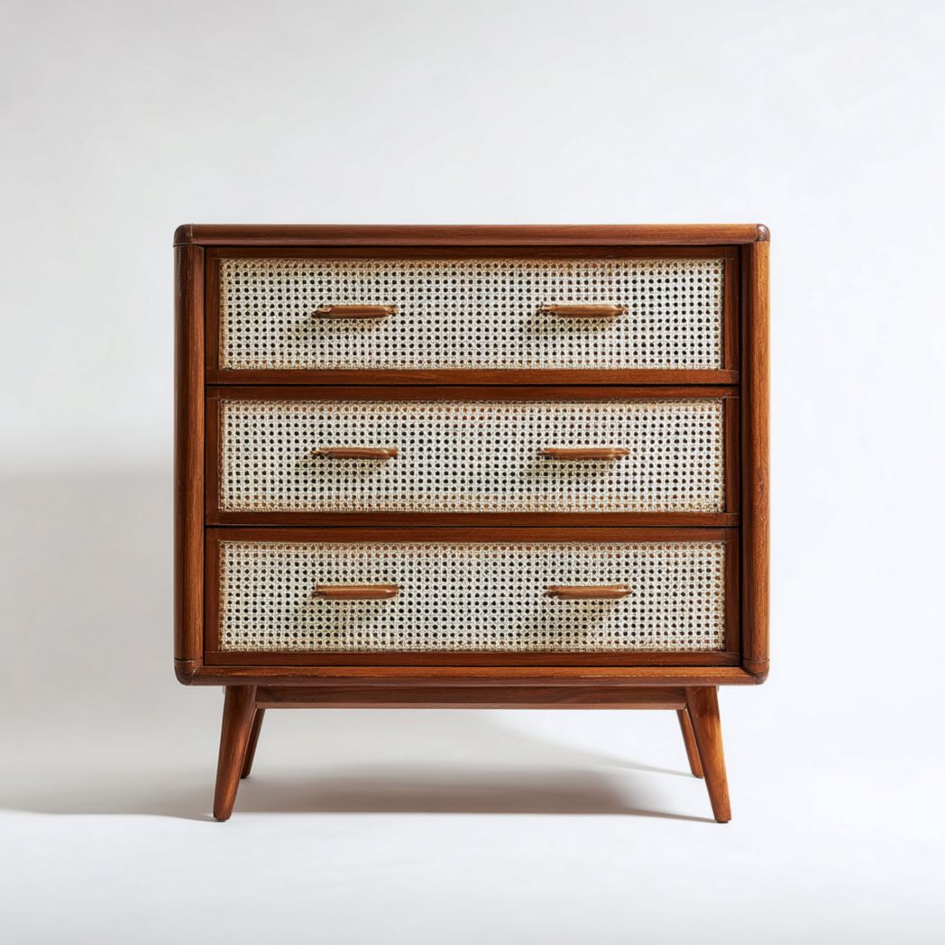 Commode en bois à trois tiroirs et façades en rotin, caisse marron avec façades de tiroirs claires
