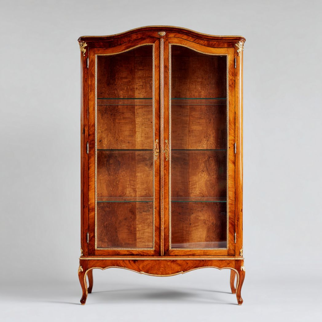 Vitrine en noyer avec deux portes vitrées et décorations en métal