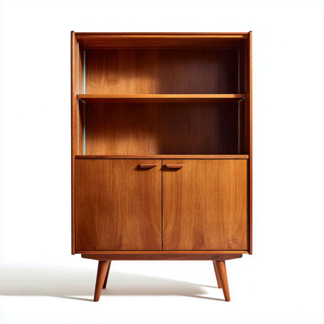 Bibliothèque en bois marron avec portes doubles et pieds fuselés