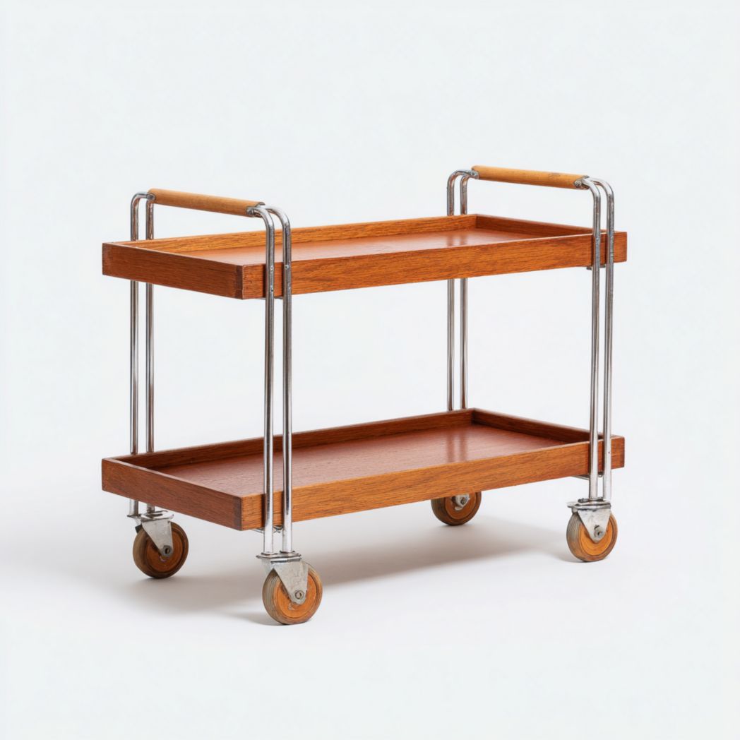 Chariot de service avec plateaux en bois et structure en métal, à deux niveaux, avec roulettes