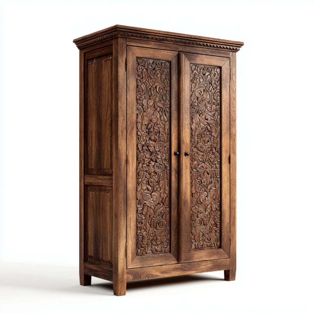 Armoire en bois à deux portes avec veinage foncé et décor sculpté