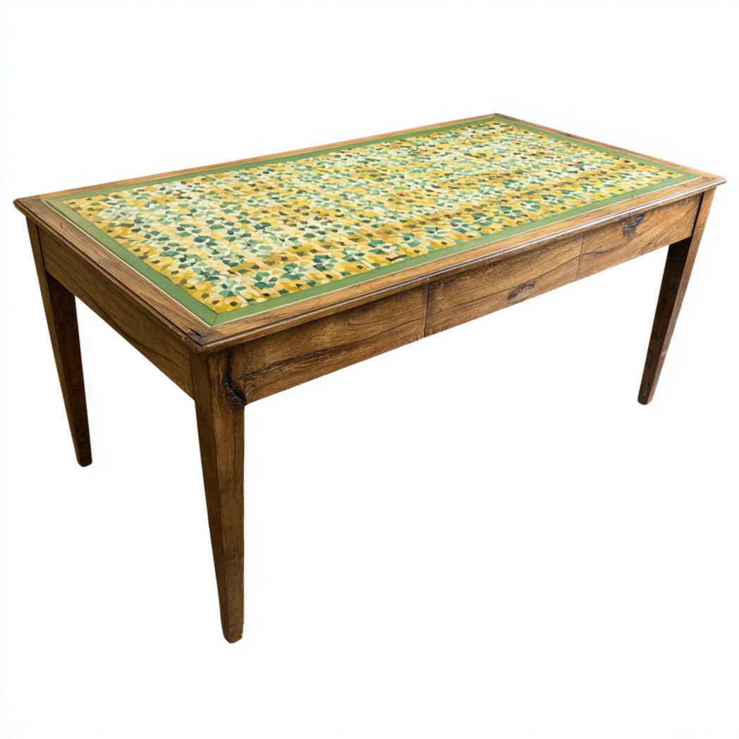 Table rectangulaire en bois avec plateau en marqueterie colorée et pieds droits