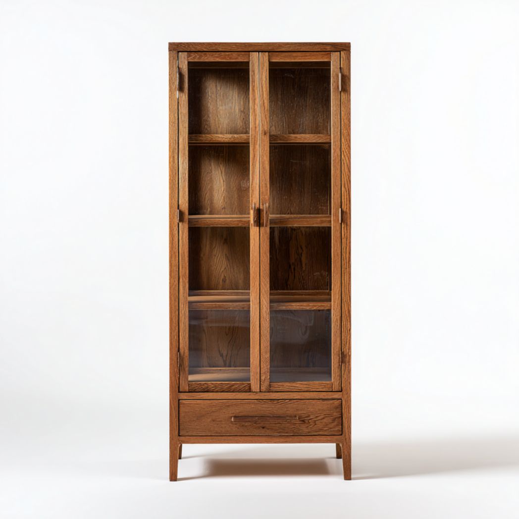 Vitrine en bois marron avec deux portes vitrées et un tiroir en bas