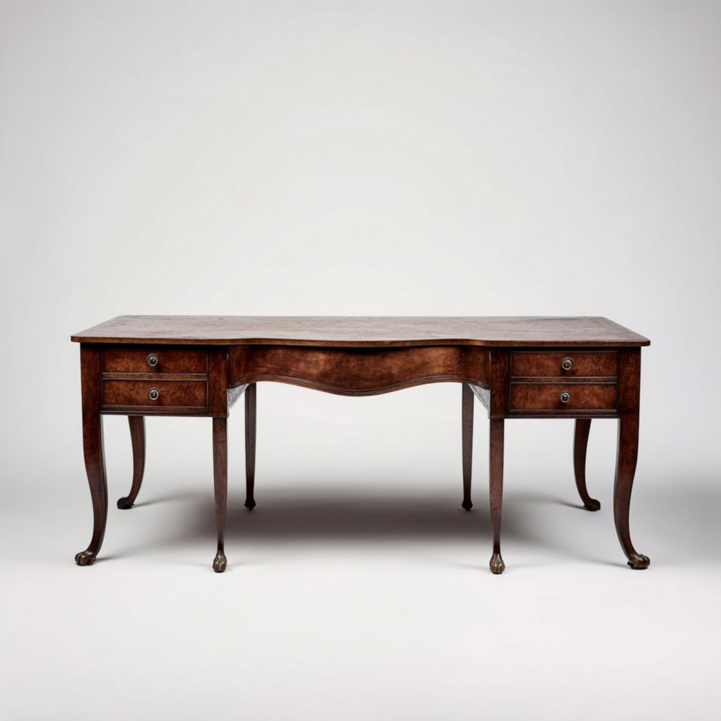 Bureau en bois brun foncé avec quatre tiroirs, plateau courbé et pieds arqués