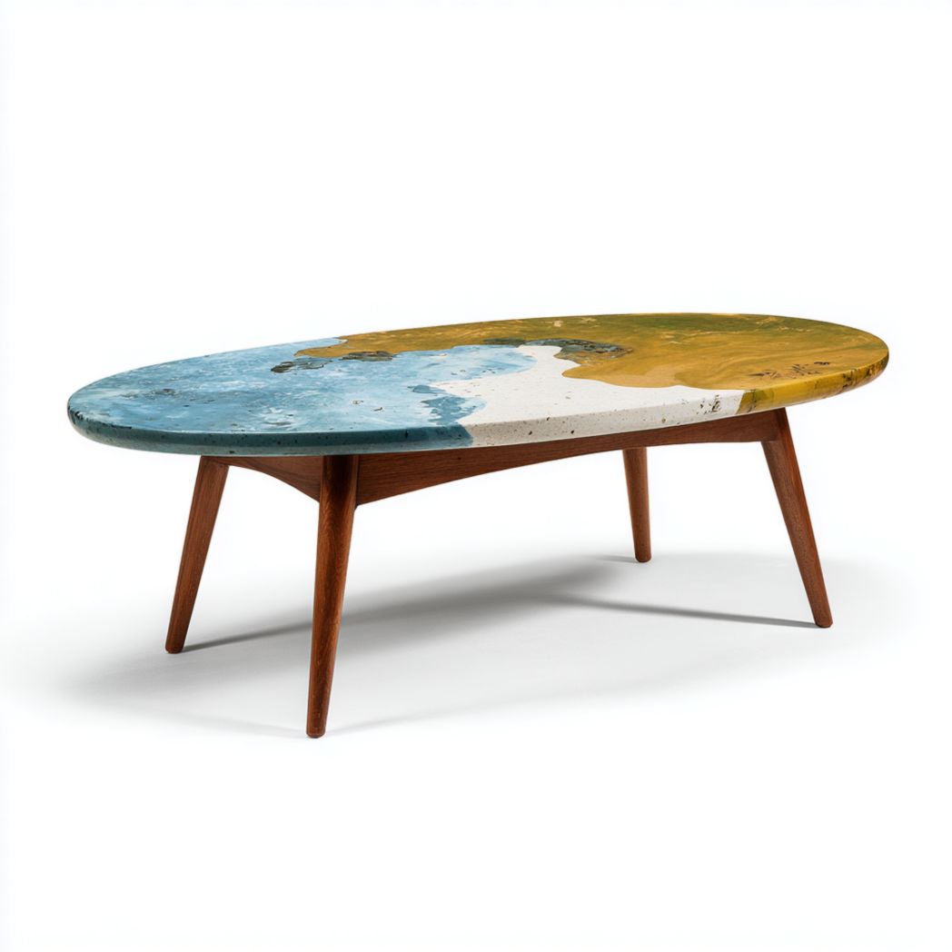 Table basse ovale en bois avec plateau en résine multicolore