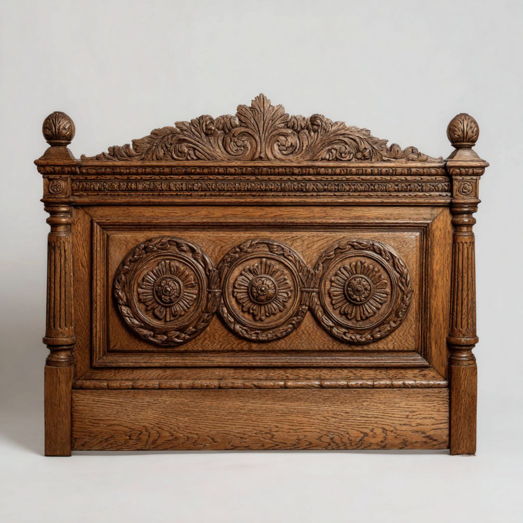 Tête de lit en bois massif marron avec ornement en colonne et trois motifs ronds en relief