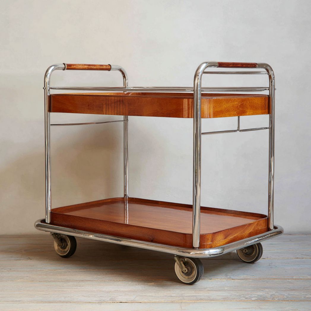 Chariot de service avec étagères en bois et structure en métal chromé, rectangulaire, à deux niveaux