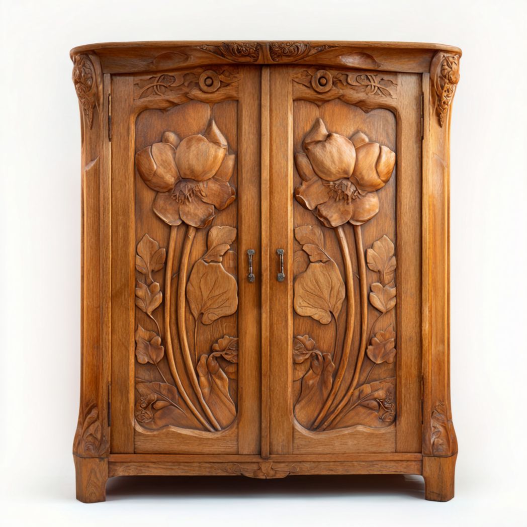 Armoire en bois marron avec portes doubles et sculptures florales en relief