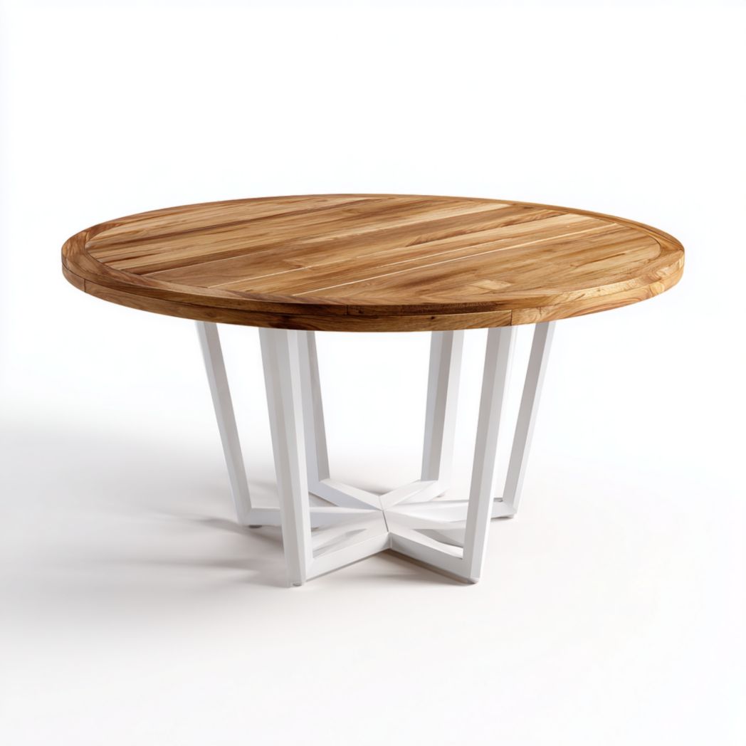 Table à manger ronde en bois avec structure en métal, plateau en bois clair et cadre blanc