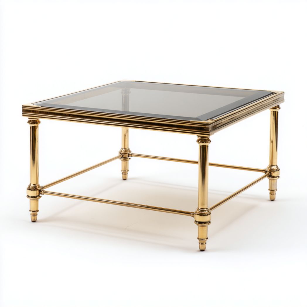 Table basse carrée avec structure en métal doré et plateau en verre